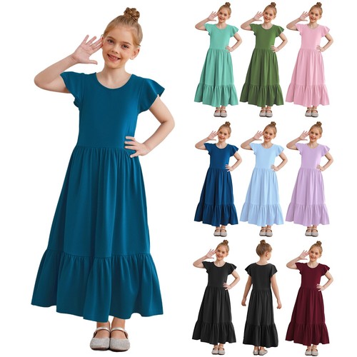 Kinder Mädchen Maxikleid Reisekleider wirbelnd Alltagskleidung Hochzeit Kurzarm - Bild 6 von 118