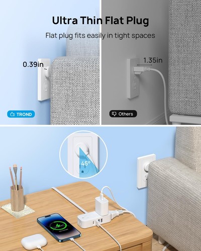Tira de alimentación de viaje TROND con puertos USB, extensión de enchufe plano de 5 pies 5 pies, blanca - Imagen 3 de 8