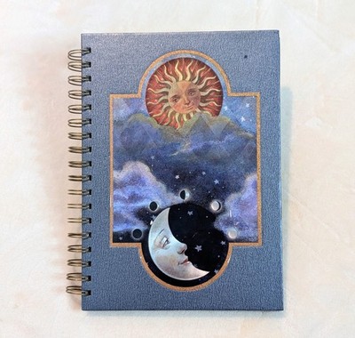 Vintage Y2K Celestial Sun Moon Stars Spiral Notebook Journal Metallic Blue