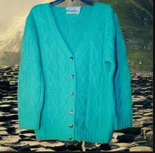 Aran Crafts Womens Green Merino Wool Cable Knit Button-Up Cardigan Sweater NWOT'