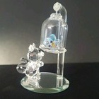 Crystal Cat & Blue Bird Figurine Under Glass Dome on Mirror Base Art Glass Rare