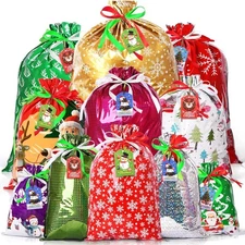 AhfuLife 16pcs Christmas Drawstring Gift Bags, 5 Assorted Size Xmas Gift Wrappin