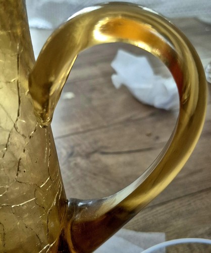 MCM Hand Blown Rainbow Art Glass Long John Pitcher Crackle Topaz Amber Yellow - Picture 9 of 10