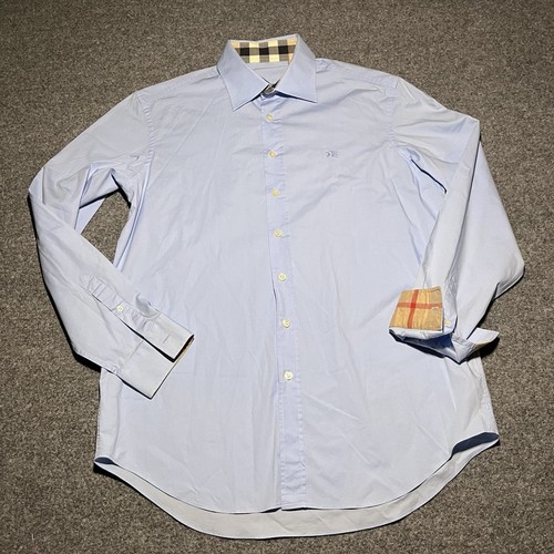 Burberry Brit Shirt Mens Large Flip Cuff Nova Check Plaid Blue Lightweight Logo - Picture 2 of 11