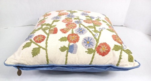 Pier 1 Imports Floral Crewel Embroidered Pillow 16" Square Blue Satin Back - Picture 8 of 10