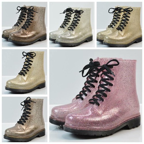 Womens Girls Wellington Lace Up Shiny Block Festival Jelly Wellies Rain Boots - Picture 2 of 14