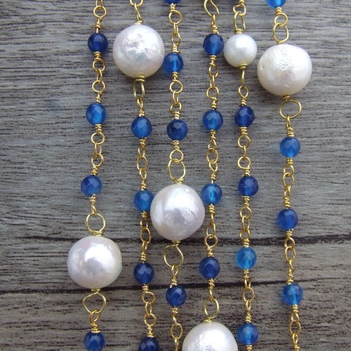 70" White Keshi Pearl Blue Agate Gold Plated Chain Long Necklace - Picture 4 of 4