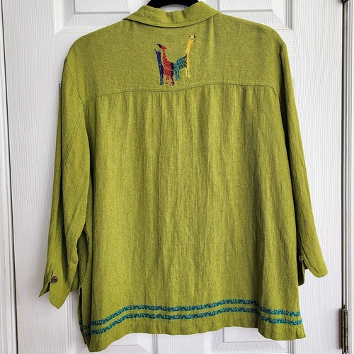 Mureli Women's Fine Linen Blend Jacket / Top Green Safari Giraffes Beadwork - Lg - Picture 2 of 14