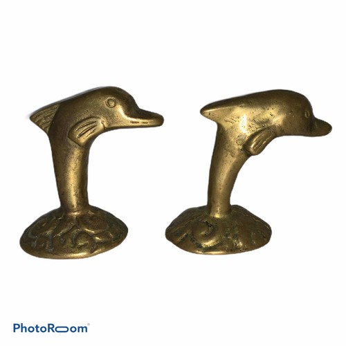 Vintage Set of 2 Brass Dolphin on Waves Water Figure Paperweight Nautical Beach - Picture 7 of 10