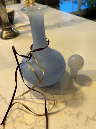 Vintage Blue Opaline Glass Decanter Genie Bottle W/ White Stopper 6.75” Tall EUC - Picture 2 of 10