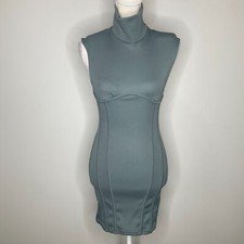 Prettylittlething Steel Blue Ribbed Shoulder Pad Bodycon Mini Dress Women Size 2