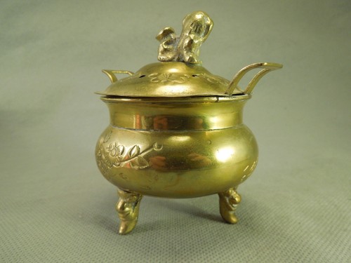 Incense Burner Chinoiserie Chinese Fu Symbol Dog Brass Plated Good Fortune - Picture 4 of 9