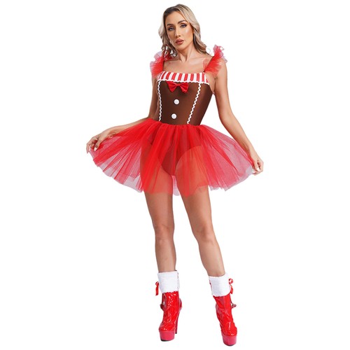 Women Costume Gingerbread Christmas Flying Sleeve Dress Cami Leotard Party Tutu - Bild 6 von 25
