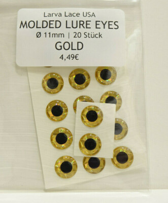 Augen Ø11mm 20 Stück 3D GOLD selbstklebend Larva Lace USA Molded Lure Eyes