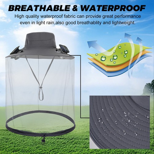 Solar Fan Sun Hat with Mesh Wide Brim UV Protection USB Rechargeable for Camping - Picture 5 of 12