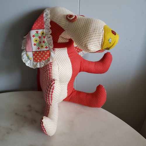 Hound Dog Stuffed Animal Red Yellow Polka Dot Plaid Floral Patch Fabric Vintage - Picture 3 of 5