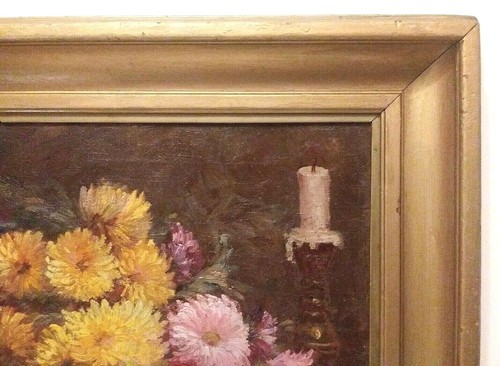 STUNNING ANTIQUE STILL LIFE DAHLIAS in VASE ORIG OIL on CANVAS MYSTERY ARTIST - Picture 7 of 10