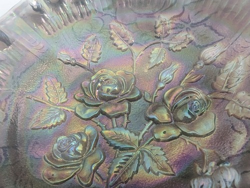 Imperial Peacock Iridescent Fruit Bowl 3 Footed Embossed Rose Carnival Glass - Picture 14 of 15