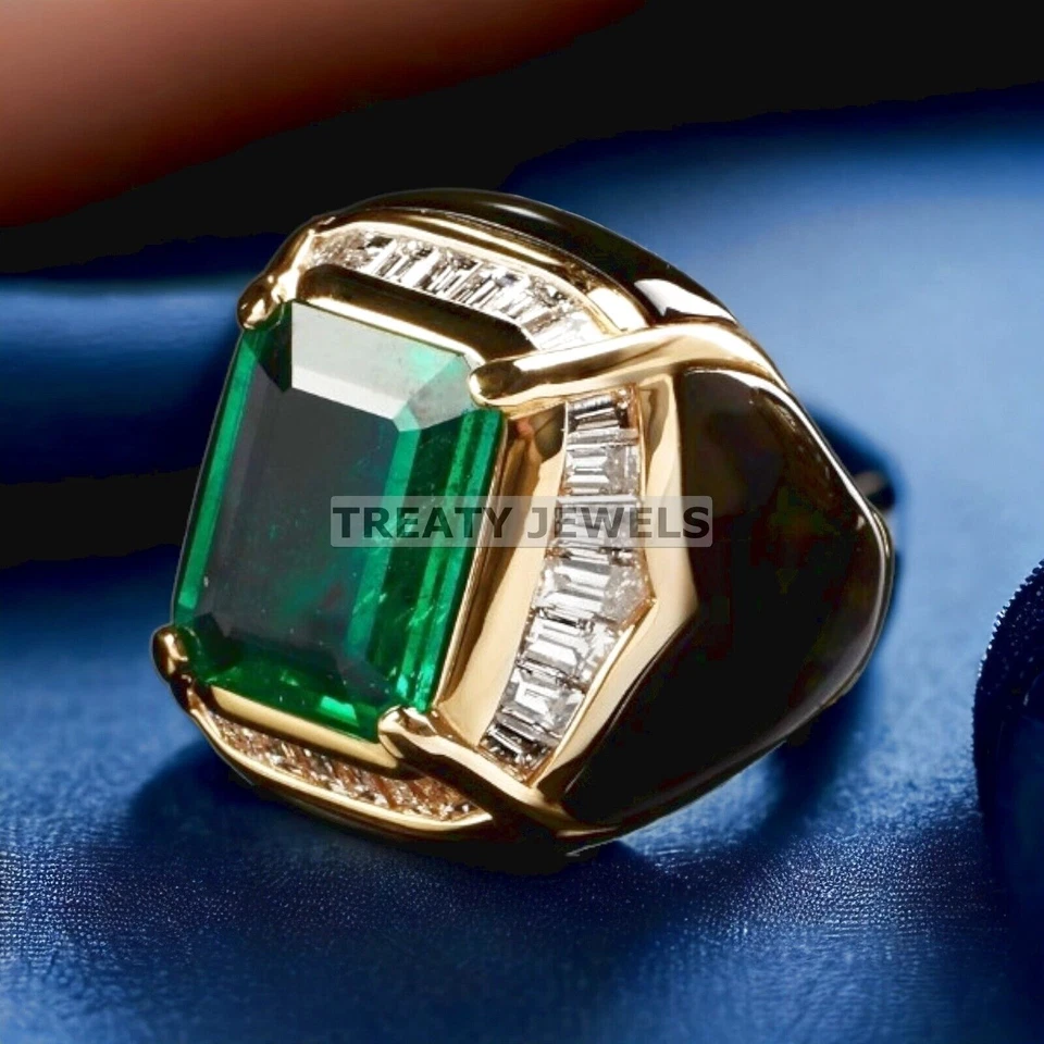 Esmeralda corte octágono con anillo chapado en oro de plata de ley 925 para hombre #565 Foto 3 de 4