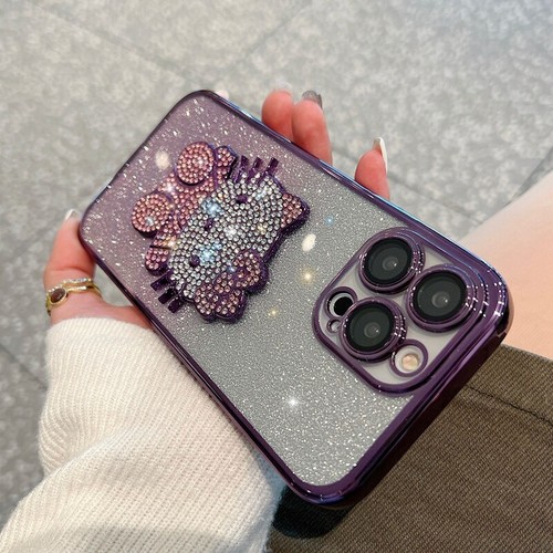 For iPhone 16E 16 Pro Max 15 14 13 12 Cute Hello Kitty Cat Glitter Bling Case - 第 5/25 張圖片