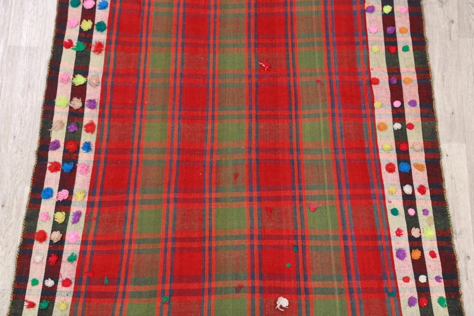 Antique Checkered Kilim Oriental Area Rug Hand-Woven Wool Tribal Carpet 5x7 ft - Изображение 3 из 4