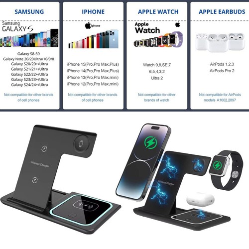 3 in 1 Wireless Charger Fast Charging Station Pad for Apple Watch iPhone AirPods - Picture 3 of 8