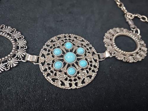 CHICO'S Medallion Chain Belt Silver Tone Turquoise Adjustable Western - Picture 2 of 6