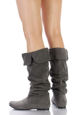 Gray Faux Suede Slouchy Knee High Flat Boot Qupid Neo-100xx