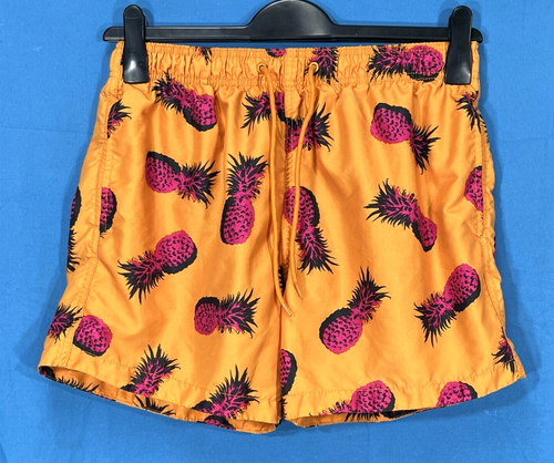 H&M Orange/Gold/Pink PINEAPPLE PRINT Mesh Lined SWIM TRUNKS BOARD SHORTS Sz M