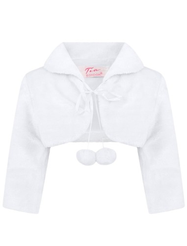 Girls Faux Fur Bolero Bridesmaid Wedding Tippet Wrap Pom Pom Ribbon Fastening - Picture 7 of 10