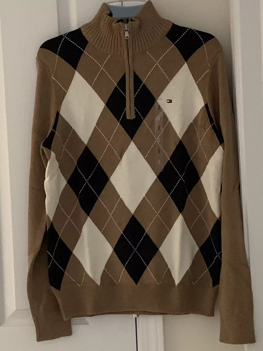 TOMMY HILFIGER MENS SMALL BROWN NAVY WHITE ARGYLE 1 4 ZIP SWEATER New With Tag