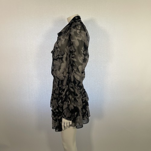 MISA LOS ANGELES Kleid UK L Mini Grau Schwarz Blumen Chiffon Rüschen Langarm - Bild 6 von 10