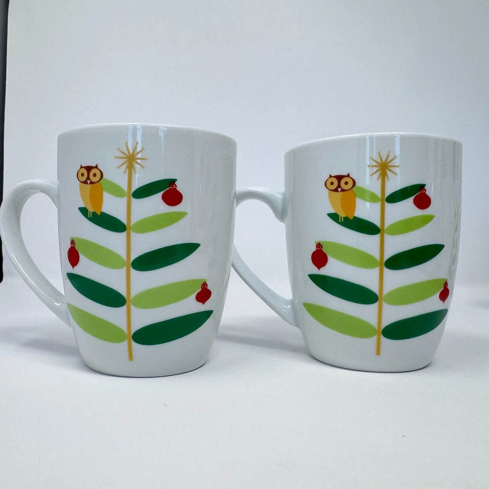 Rachael Ray Holiday Hoot Set of 4 Owl & Tree Print Coffee Mugs Ceramic Kitchen - Image 2 of 4