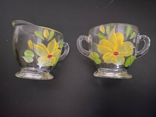 Vintage Bartlett Collins Floral Creamer & Sugar Bowl Glass Set Yellow - Picture 5 of 5
