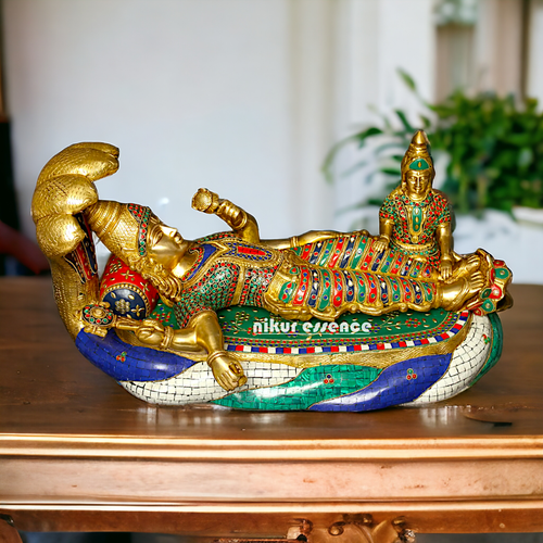 59,5 cm Messingstatue von Shesha-Shayi Lord Vishnu mit aufwendigen Einlagenarbeiten - Bild 9 von 15