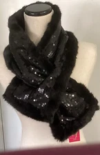 Womens Candies Black Pull Through Sparkling Sequin & Faux Fur Scarf  NEW $32