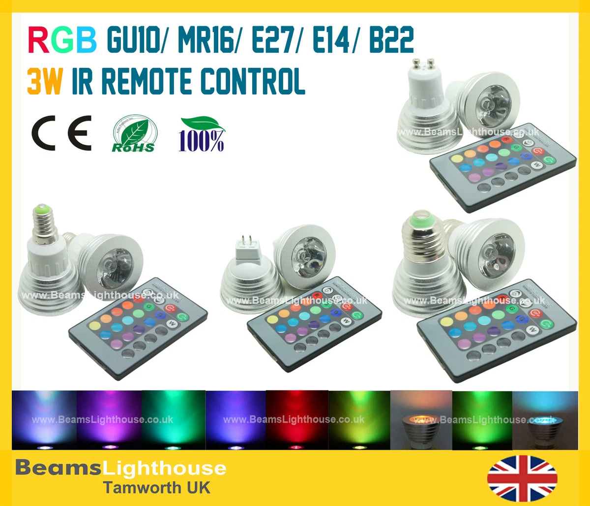 GU10 E27 E14 B22 MR16 GU5.3 3W LED RGB Colour Changing Spotlight