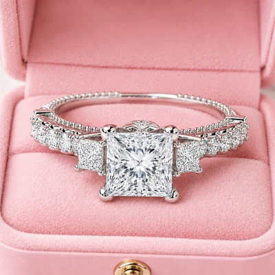 Diamond Wedding Ring IGI Certified Lab Grown 3.75 Ct Princess Cut 18K White Gold - Image 1 of 4