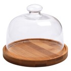 Glass Food Cover with Wood Tray Cake Display Set for Fresh Dessert Serving
