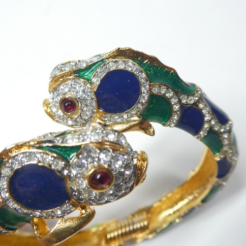 Kenneth Lane Koi Fish Enamel Rhinestone Bracelet Blue Green Vintage Cuff - Picture 10 of 12