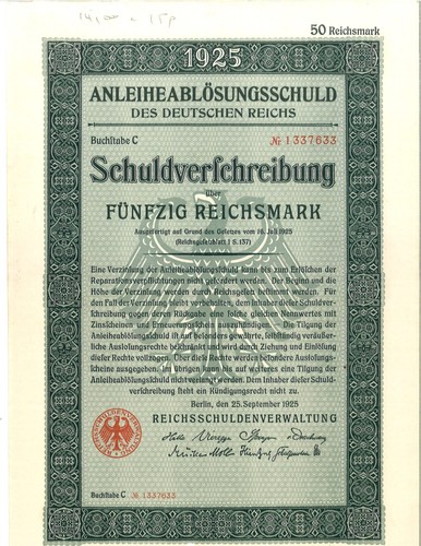 Original 1925 Deutschland 50 Reichsmark Anleihe Stempelglanz Vintage Dokument - Bild 2 von 3