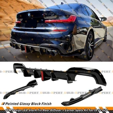 For 2019-22 BMW G20 330i M340i CTM Gloss Black LED Rear Diffuser + Corner Spats