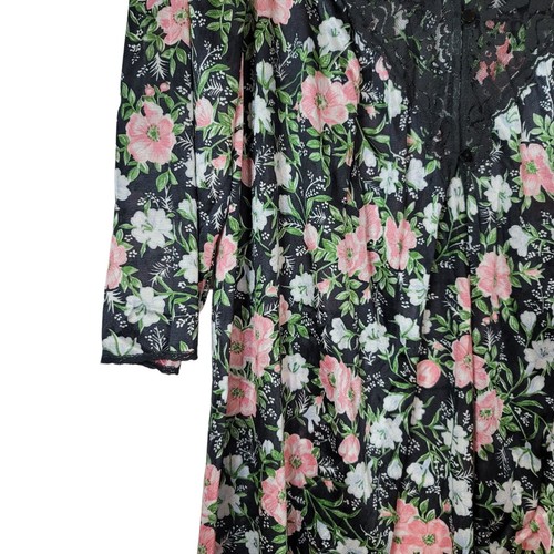Accappatoio Vassarette nero rosa medio pizzo bottoni raso floreale lungo Peignoir USA - Foto 3 di 6