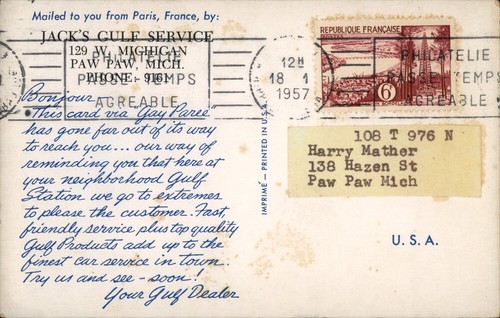 Paw Paw,MI Gulf Service Station Advertising Sent France 1957 Michigan Postcard - Picture 1 of 2