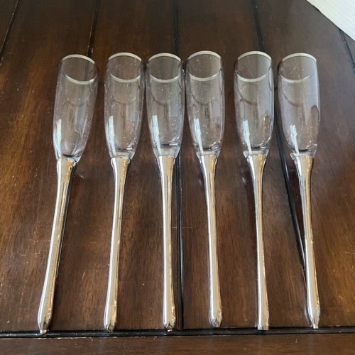 Vintage (6) Langstielige mundgeblasene Glas Sektflöten - Toasten - versilberte Stiele