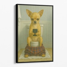 Chihuahua On The Phone On The Toilet Funny Dog Bathroom Canvas Wall Art Print