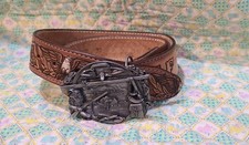 Mens Vintage Tooled Leather Eagle "JEFF" Belt Size 32 Siskiyou Pewter Buckle