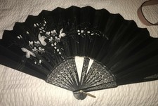 Antique Silk Organza Carved Wood 13  Fan