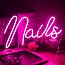 Pink LED Nails Sign Light Up Wall Decor USB for Nail Salon Beauty Room Bedroom