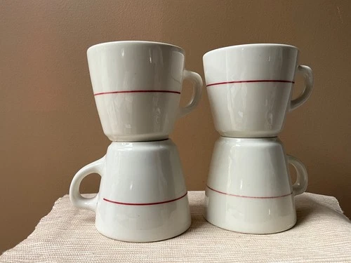 Set 4-VTG Homer Laughlin Ivory w-red stripe Restaurant Ware. 3” tall. Note cond!